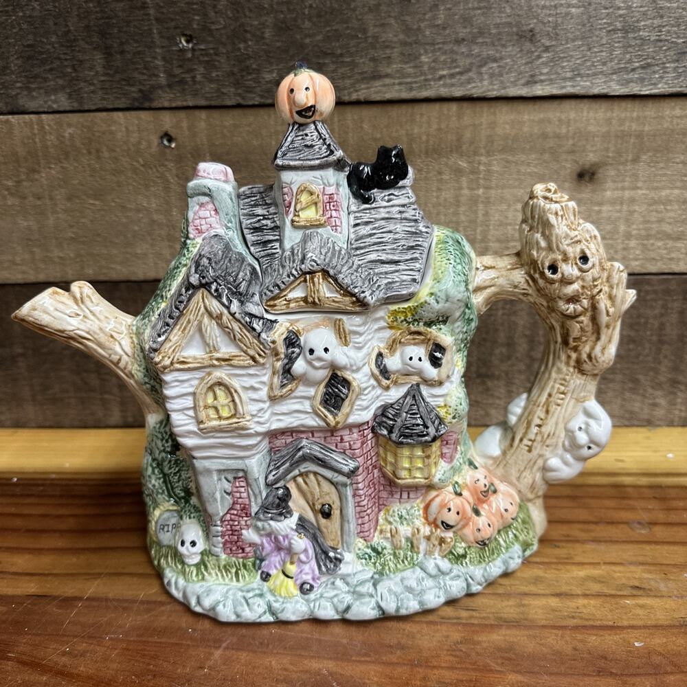 Fitz And Floyd Omnibus Halloween Haunted House Ceramic Teapot 1993 -flaw